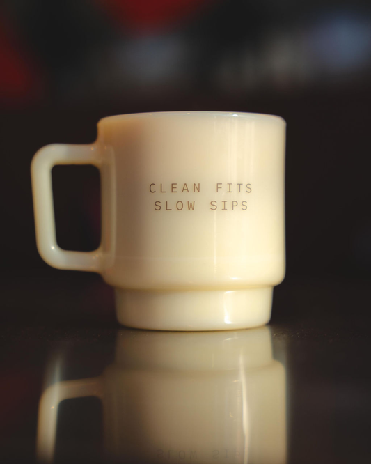 Handmade Japanese Olde Milk-glass - 'Clean Fits Slow Sips'