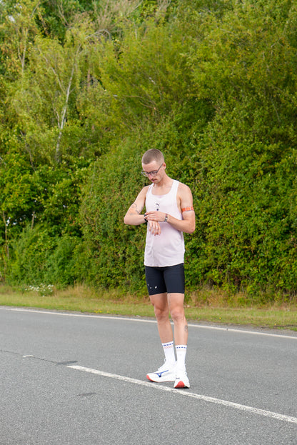 SHYU x 'Ben is Running' racing socks - white | peach | chequer